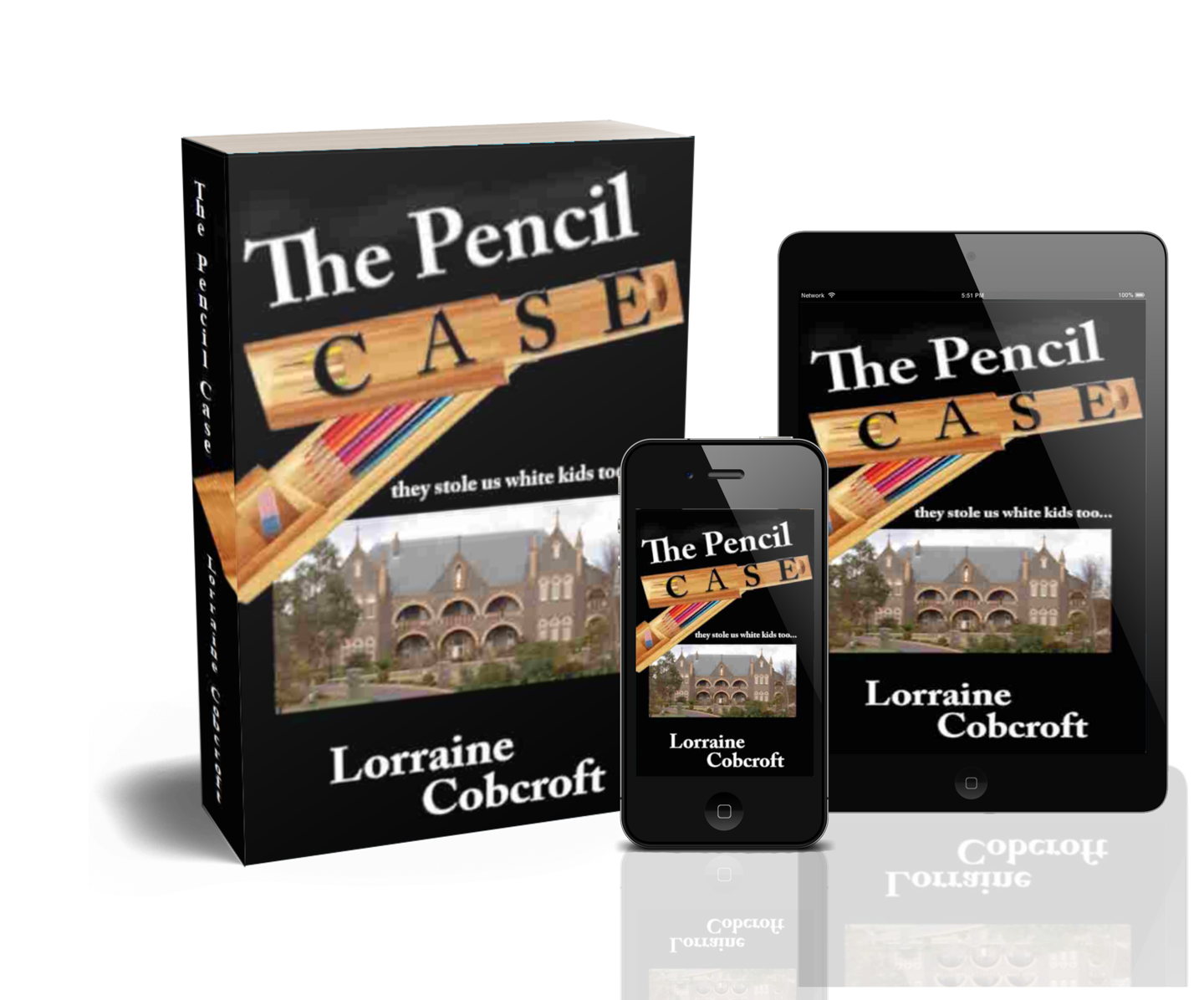 a 3D image of the book The Pencil Case with ebook versions on phone and tablet and the Noveltunity award it won